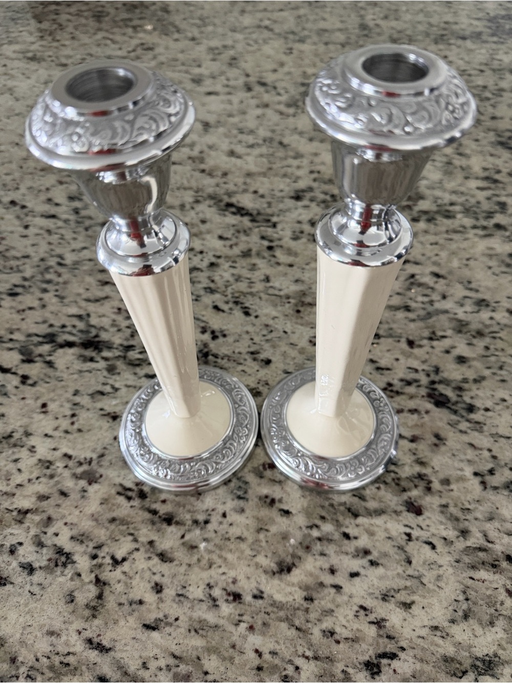 Mikasa Silver and Cream Ornate Candlestick Pair